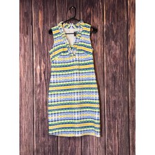 Vince Camuto Sheath Dress Womens 10 Yellow Blue Striped Sleeveless Ruffle Neck