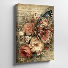 Vintage Butterfly And Roses Canvas Wall Art Floral Decorative Print For Home