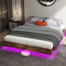 Floating Bed Frame Queen with LED Lights Metal Platform with Under Bed Storage