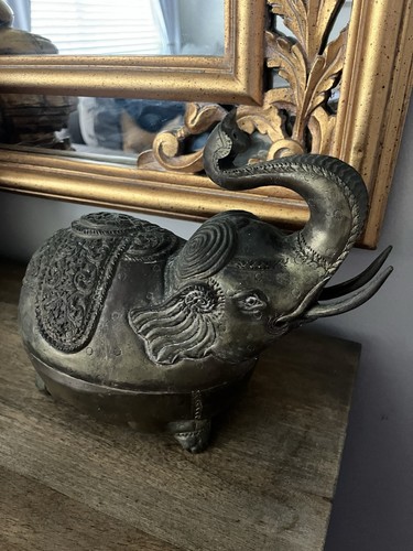 Copper Betel Box Elephant Sculpture, Raised Trunk, Ornate Engraved, Top Lid