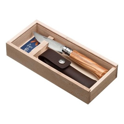 Opinel Messer No 08, rostfrei, Olivenholz, mit Etui, in Holzgeschenkbox 254139