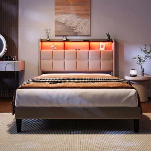 Polsterbett Doppelbett 140x200 cm Bett Bettgestell mit LED Licht /USB Lattenrost - Bild 24 von 40