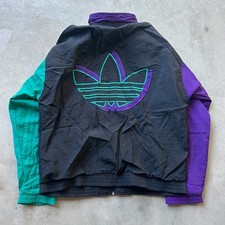 Vintage Adidas Windbreaker Jacket Large Black Purple Teal Trefoil Logo 90s Zip