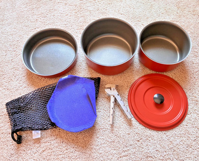 Compact Camping Cookware, Non-Stick, 6 pieces, 2 pots, 1 pan, lid, handle, pouch
