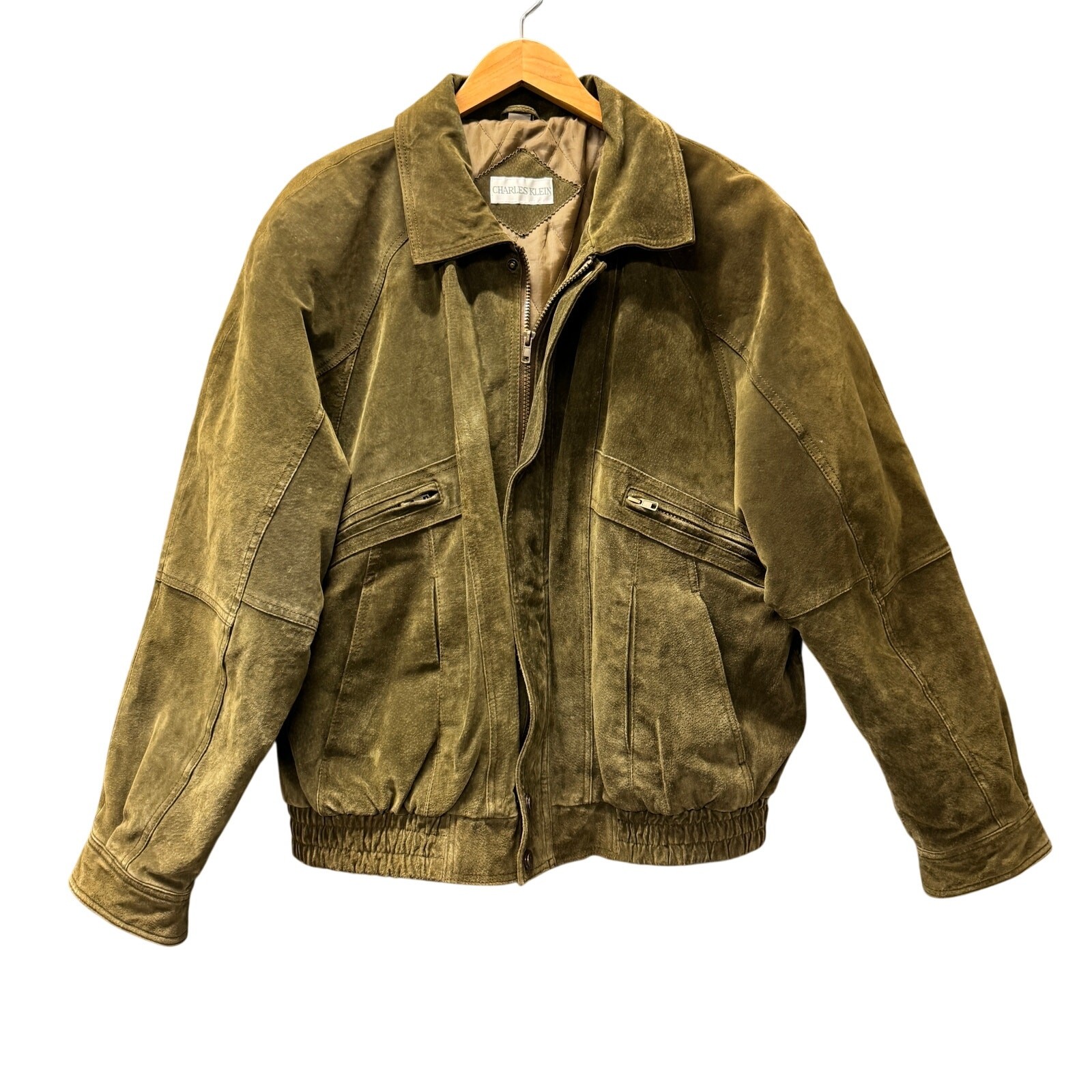 Vintage Leather Bomber Olive Green Suede Jacket Mens Large Charles Klein