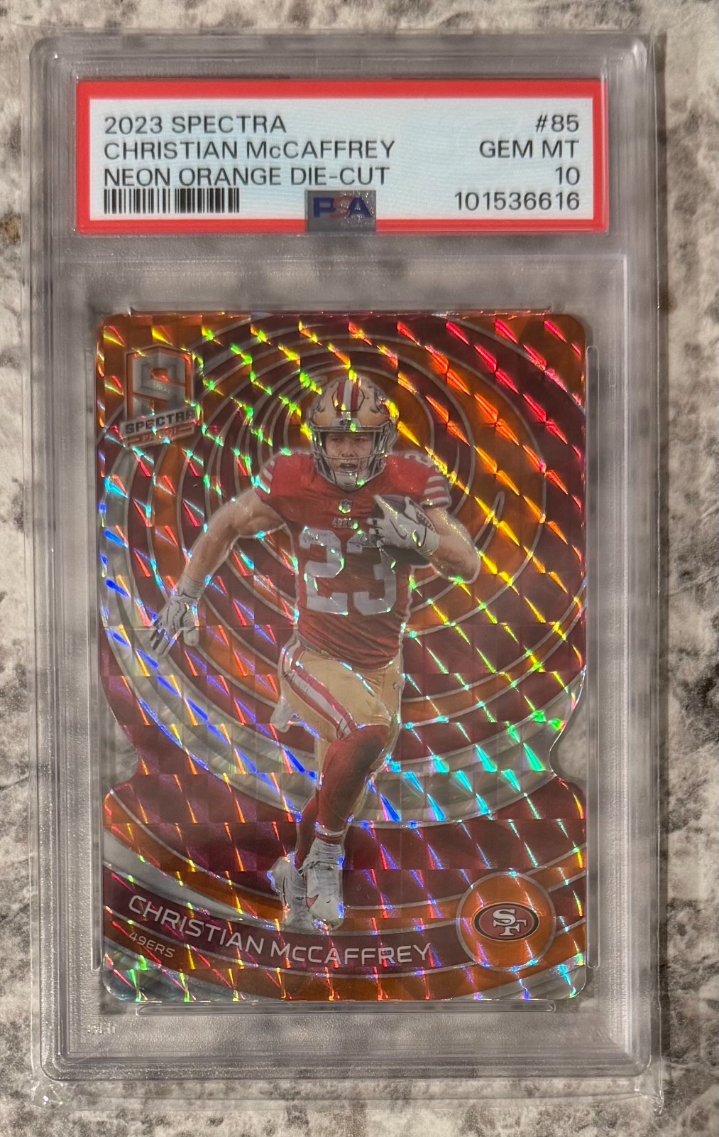 2023 Panini Spectra Neon-Orange Die-Cut #85 Christian McCaffery 10/15   PSA 10