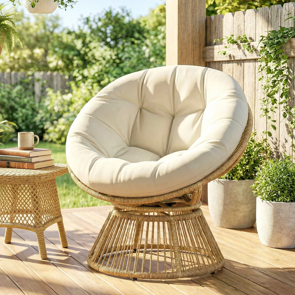 Outsunny Fauteuil papasan pivotant 93 x 81 x 87 cm Crème - Photo 3/4