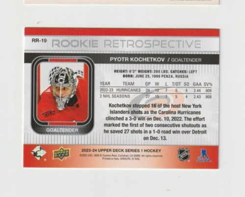 2023-24 Upper Deck ROOKIE RETROSPECTIVE # RR-19 Pyotr Kochetkov HURRICANES - Picture 2 of 2