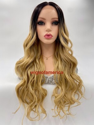Golden Blonde Wig Ombré Dark Brown Curly Lace Front Middle  display picture 1