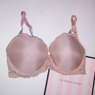 Victoria Secret Bra 32DD Dream Angels Lined Demi Beige Solid Lace Trim Underwire
