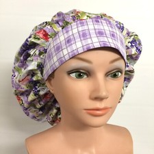 Scrub Hat, Pleated Bouffant, Multi-Color Purple Floral Print, One Size