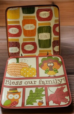 4 Sandra by Sandra Lee Square Salad Plates *2 Bless Our Family* & *2 Canning*  