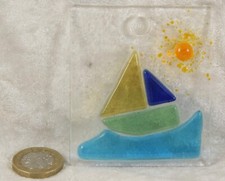 Fused glass small wallhanging ship ornament 2.5" wide just under 3" tall 