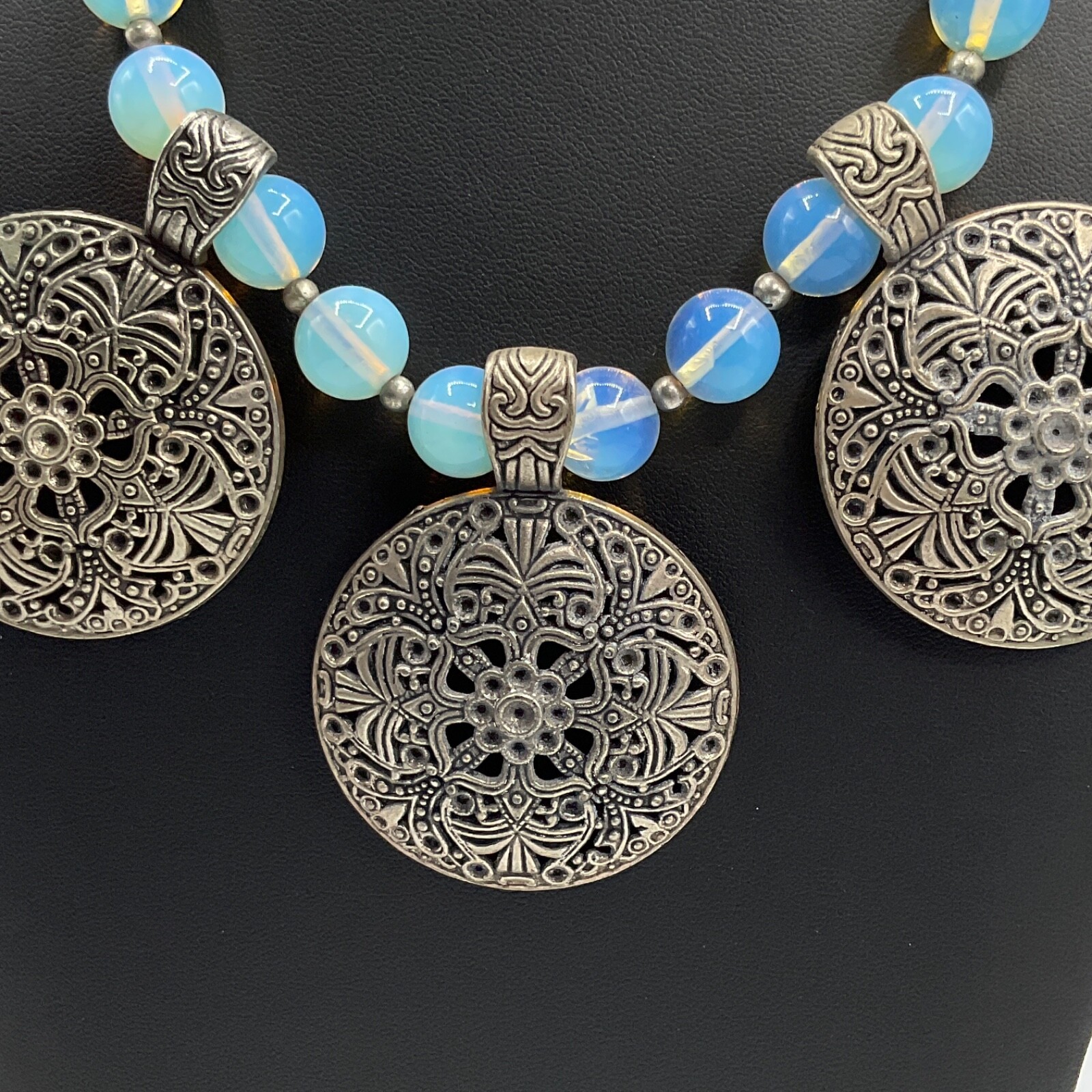 Statement Necklace Large Silver Tone Medallions O… - image 2
