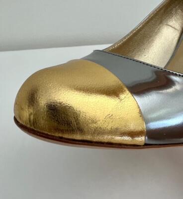 パンプス MIU MIU Gold Leather Pumps Miu Miu Metallic Technical Fabric And Patent Leather Pumps