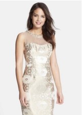 Maggy London Gold Champagne Diamante Collar Brocade Party Cocktail Dress 4 New