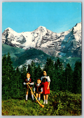 1950s Swiss Costumes View Eiger Monch Jungfrau Vintage Postcard Berner Oberland
