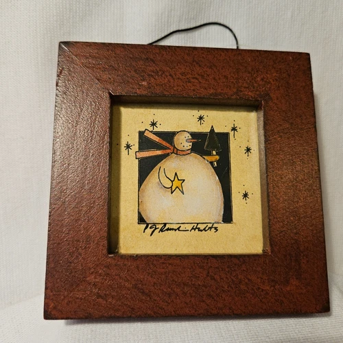 PJ Rankin Hults Folk Art Mini Framed Paper Cutting Snow Man Holding Tree