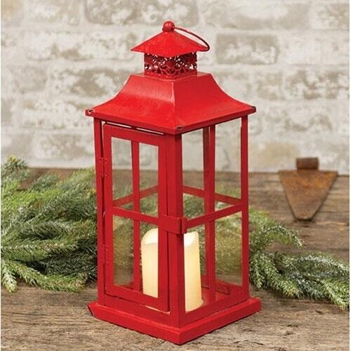 Square Red Metal Lantern w/LED Candle  15" - Picture 1 of 2