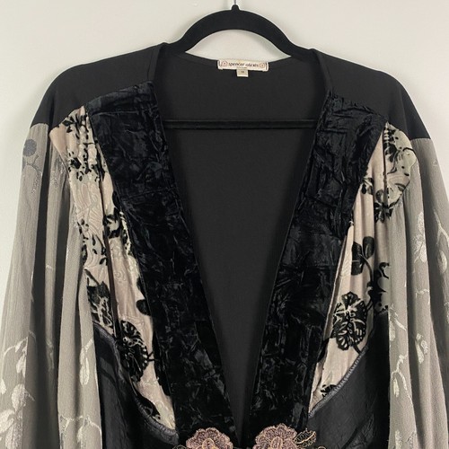 Spencer Alexis Kimono Jacket Size 1X Black Velvet Floral 3/4 Sleeves - Picture 2 of 12