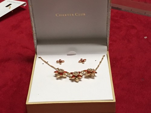 Charter Club Gold Plated Earrings Chain Set Red Flowers 16-18" New N291 - Picture 4 of 5