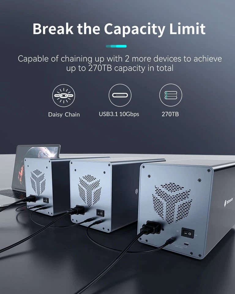 2/4/5 Bay Type C Hard Drive Enclosure W/ Daisy Chain For SATA 2.5" 3.5" SSD/HDD - Image 4 of 4