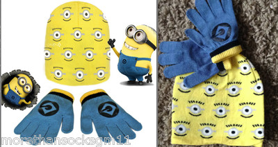 Minions Beanie Hat Gloves Despicable Me Boy Girl One Size Yellow Hat Blue  Gloves