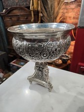 Antique Lacquered Large Silver Decorative Pedestal Bowl India