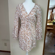 BARDOT Printed Broderie Long Sleeve Mini Dress in Tan Paisley Floral Size 6/S