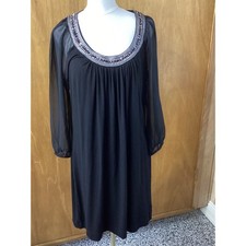 WHITE HOUSE BLACK MARKET Embellished Neckline Sheer Sleeve Black Dress Size L