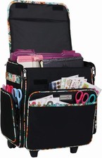 Rolling Scrapbook Tote Black Floral Trim Craft Bag with Wheels Storage
