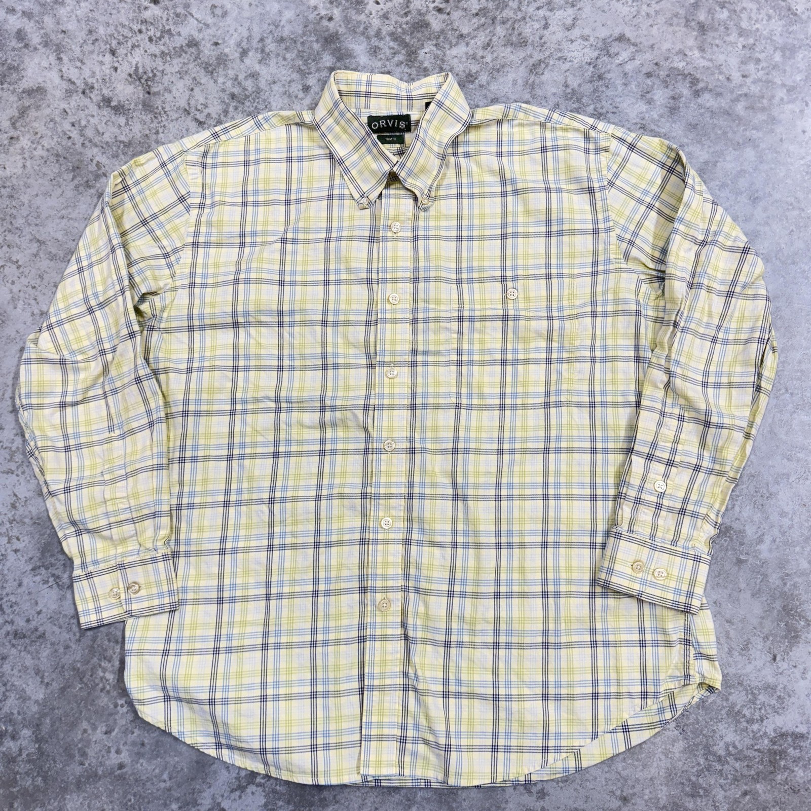 Orvis Shirt Mens 2XL Yellow Blue Plaid Button Down Long Sleeve Trim Fit