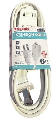 Extension Cord 6,12,20 or 25 FOOT 13 Amp 3 Way Cube Tap White