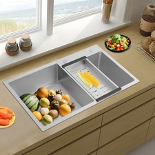Stainless Steel Kitchen Sink, Double Bowl Kitchen Sink With A Drain Basket
