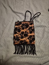 Vintage Retro Gold Silk  Black Sequin Flower Evening Handbag