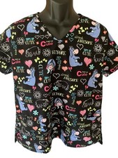 Disney Scrub Top Women's Medium Black Eeyore Hearts Flowers Butterfly V-Neck