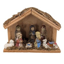 Ceramic Nativity Scene with Wooden Stable Christmas Decor 6" Tall