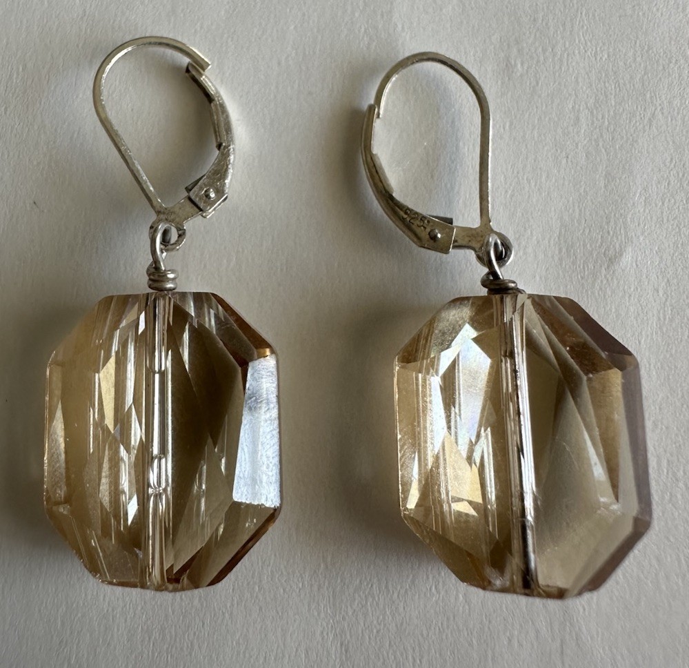 925 Sterling Silver Leverback Faceted Golden Glass 1.5” Drop Dangle Earrings