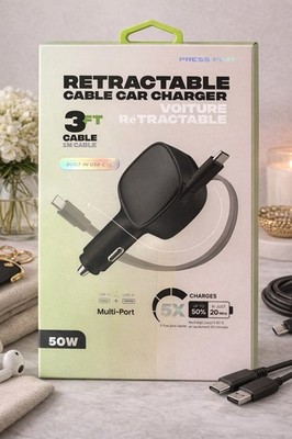 Press Play Retractable 3ft Multi-Port Car Charger USB-C USB-A Fast Charge 50W