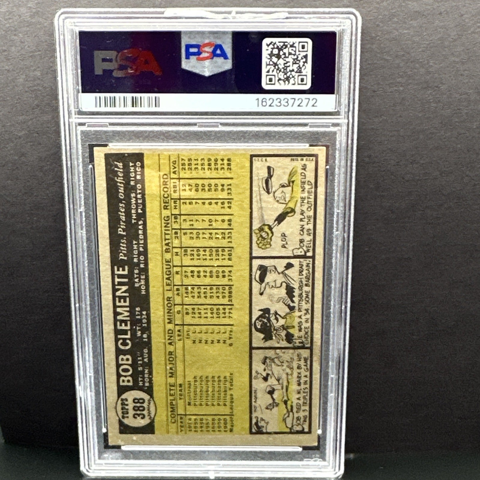 Topps 1961 Bob Clemente (Called Bob on Card) #388 Pirates PSA 5 Graded beautiful view 2