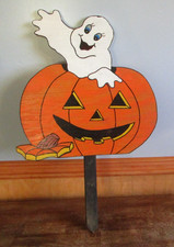 Halloween Ghost in a Pumpkin Wooden Yard Decor.