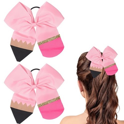 2 PCS Back To School Hair Bow Ties Pink Pencil Big Cute Scrunchies Elastic
