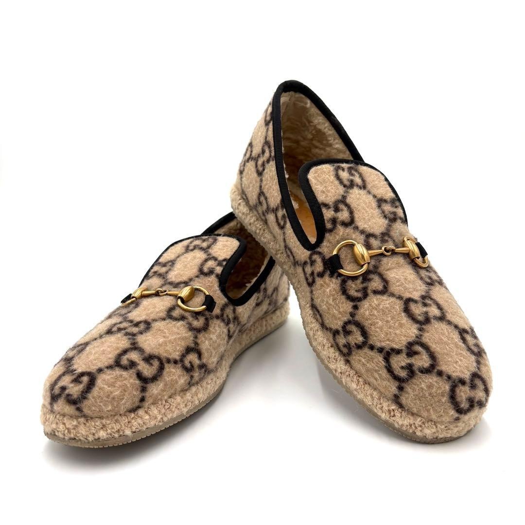 GUCCI Women's Loafers Horsebit GG Wool Brown Size:35.5/JP:22.5 147842K Authentic