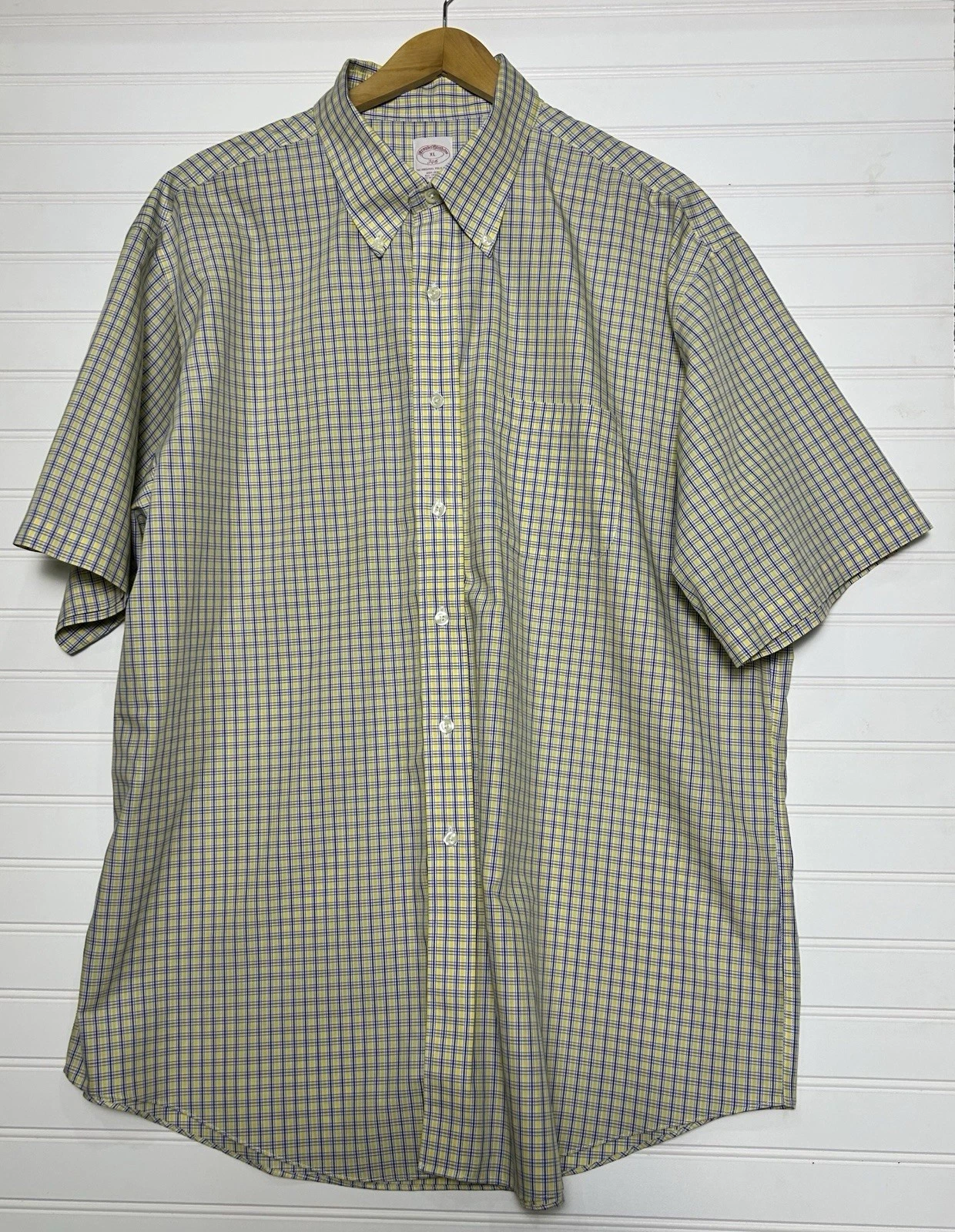 Brooks Brothers Men’s Yellow Blue Plaid Button Up Short Sleeve Shirt Sz XL, VTG