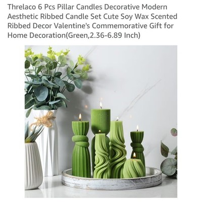 Threlaco 6 Piece Modern Ribbed Green Pillar Candles-Soy Wax-NEW IN ORIG BOX