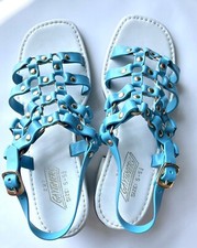 vintage 60s 70s caged sandal blue gold studded chunky square toe vguc 5 1/2 Mod