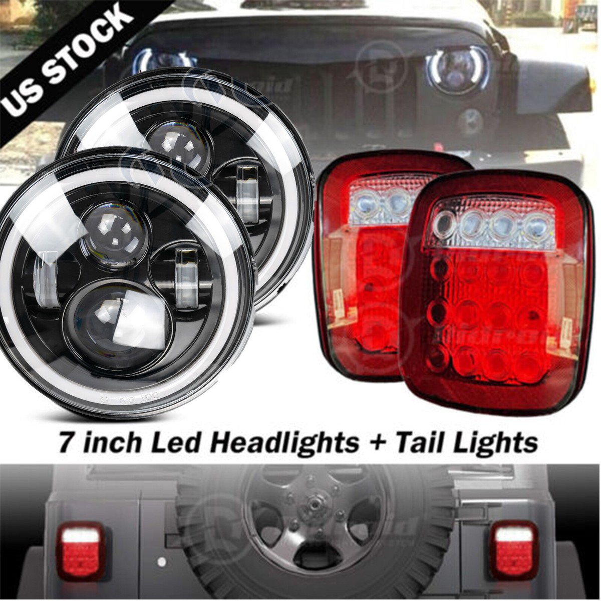 RIDROID 7" LED Headlight & Tail Light Kit For Jeep Wrangler 1996-2006