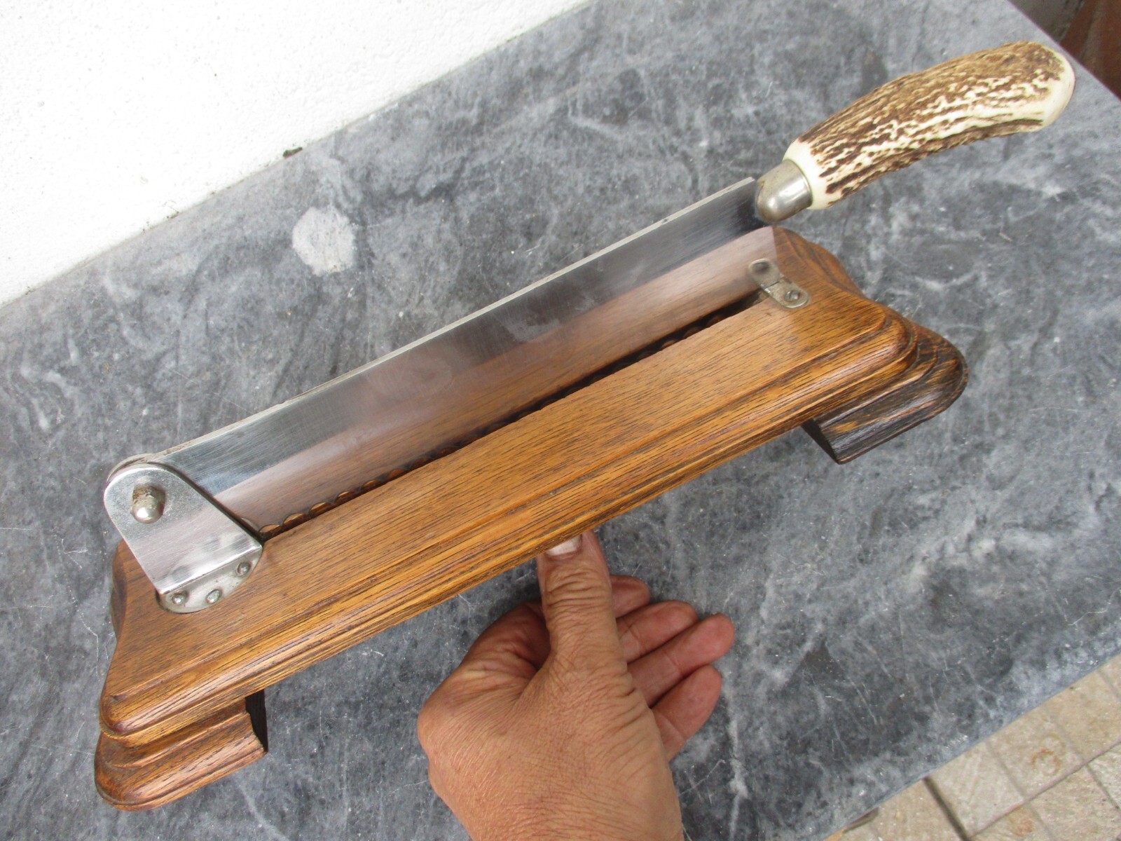 Vintage French Guillotine Baguette Bread Cutter Serrated Blade Oak
