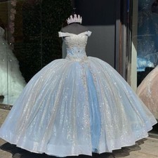 Blue Glitter Quinceanera Dresses Off Shoulder Sweet 15 16 Princess Ball Gowns