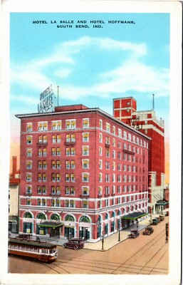 Postcard IN South Bend Hotels La Salle & Hoffmann Old Cars Streetcar 1920s S9